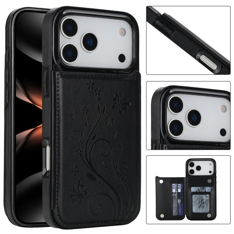 For iPhone 17 Pro Double Buckle Butterfly Embossing PU Phone Case(Black)