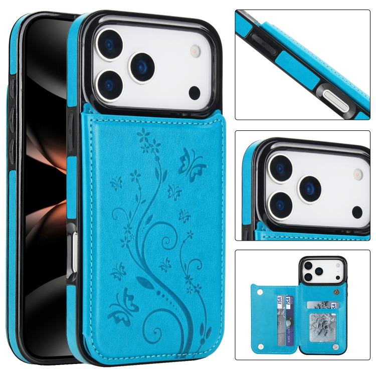 For iPhone 17 Pro Double Buckle Butterfly Embossing PU Phone Case(Blue)