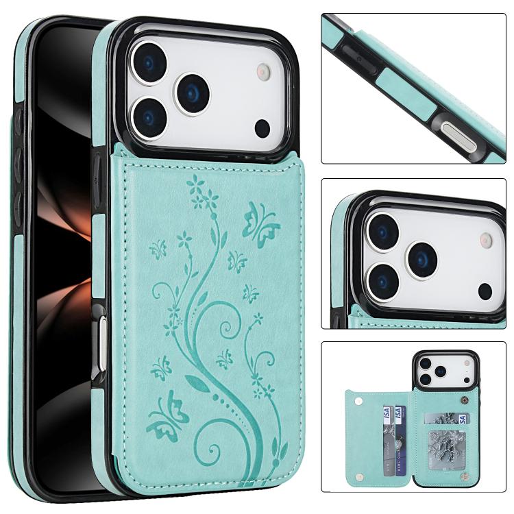 For iPhone 17 Pro Double Buckle Butterfly Embossing PU Phone Case(Green)