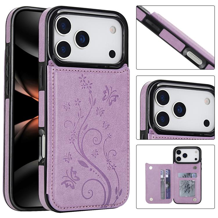 For iPhone 17 Pro Double Buckle Butterfly Embossing PU Phone Case(Purple)