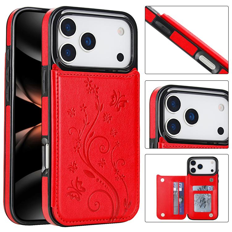 For iPhone 17 Pro Double Buckle Butterfly Embossing PU Phone Case(Red)