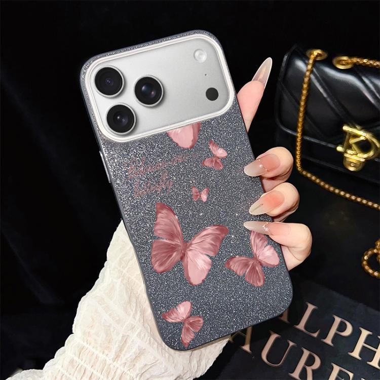 For iPhone 17 Pro Dreamy Butterflies Pattern IMD Glitter PC Hybrid TPU Phone Case(Black)