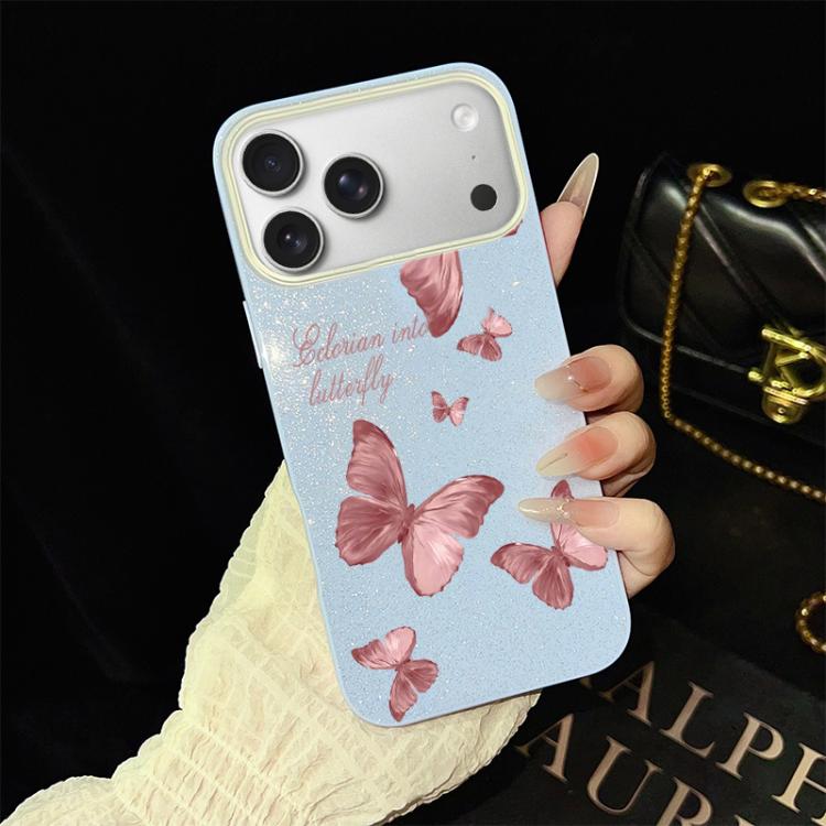For iPhone 17 Pro Dreamy Butterflies Pattern IMD Glitter PC Hybrid TPU Phone Case(Blue)