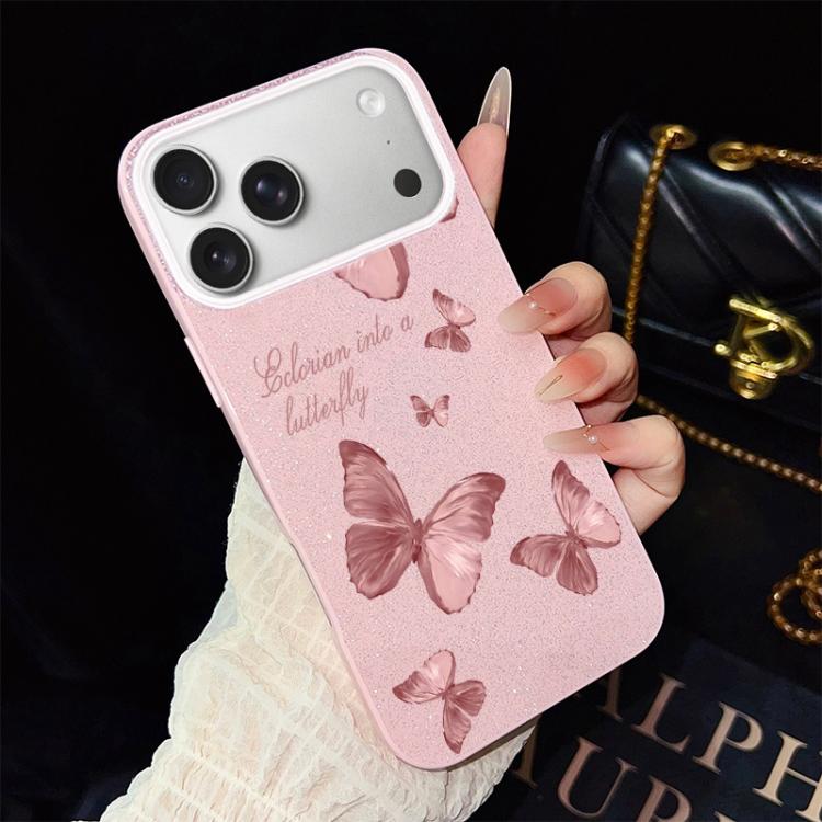 For iPhone 17 Pro Dreamy Butterflies Pattern IMD Glitter PC Hybrid TPU Phone Case(Pink)