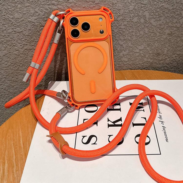 For iPhone 17 Pro Drone-Style Four-Corner Shockproof Magnetic Acrylic Phone Case with Long and Short Lanyard(Orange)