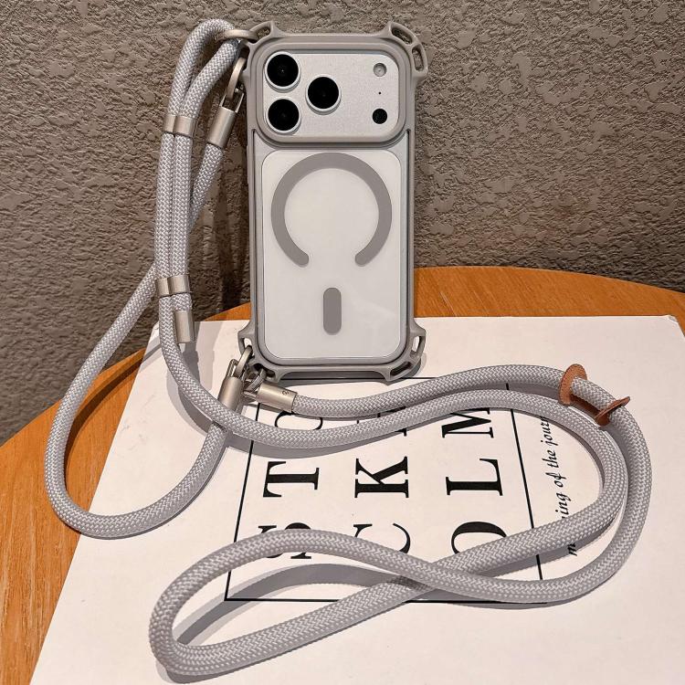 For iPhone 17 Pro Drone-Style Four-Corner Shockproof Magnetic Acrylic Phone Case with Long and Short Lanyard(Titanium Gray)