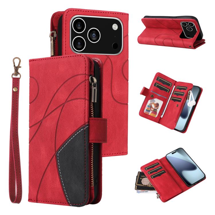 For iPhone 17 Pro Dual-color 9 Card Slots Zipper Wallet Leather Phone Case(Red)