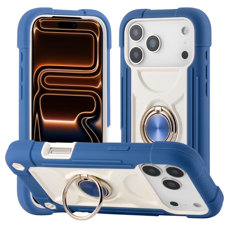 For iPhone 17 Pro Dual Ring 360 Degree Rotation Holder PC Hybrid Silicone Phone Case(Daisy Blue)
