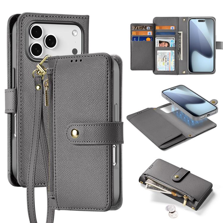 For iPhone 17 Pro DUX DUCIS Lawa Series 2 in 1 Wallet Zipper Detachable MagSafe Phone Case with Lanyard(Grey)