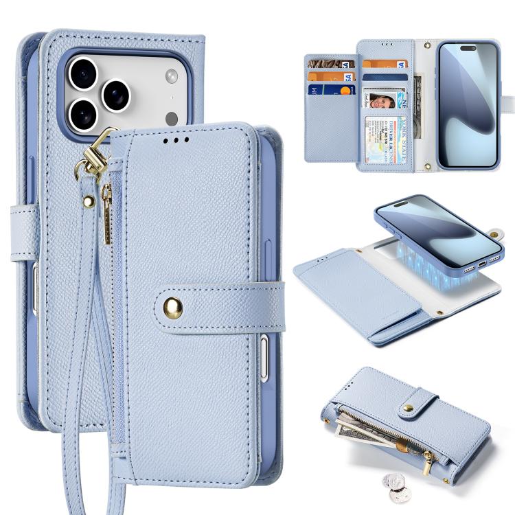 For iPhone 17 Pro DUX DUCIS Lawa Series 2 in 1 Wallet Zipper Detachable MagSafe Phone Case with Lanyard(Light Blue)