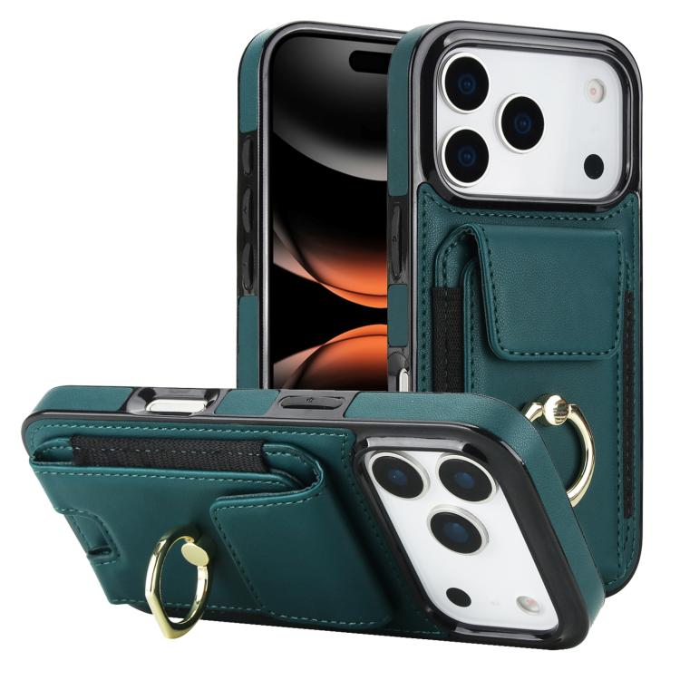 For iPhone 17 Pro Elastic Card Bag Ring Holder Phone Case(Dark Green)
