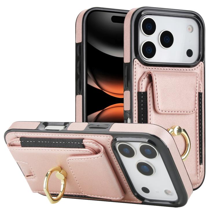 For iPhone 17 Pro Elastic Card Bag Ring Holder Phone Case(Rose Gold)
