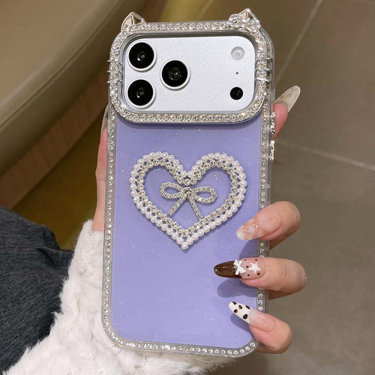For iPhone 17 Pro Electroplated Cat Ear Dual Side Rhinestones Glitter IMD Phone Case(Purple)
