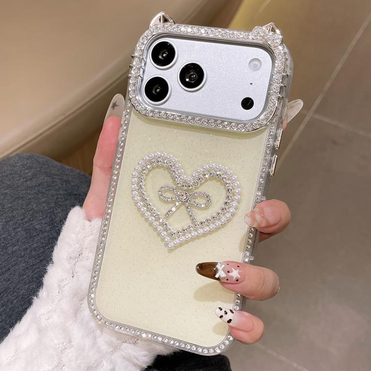 For iPhone 17 Pro Electroplated Cat Ear Dual Side Rhinestones Glitter IMD Phone Case(Yellow)