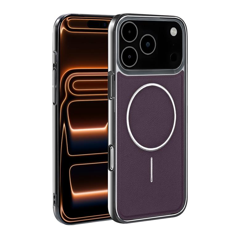For iPhone 17 Pro Electroplated Frame Vegan Leather Magnetic Shockproof Phone Case(Purple)