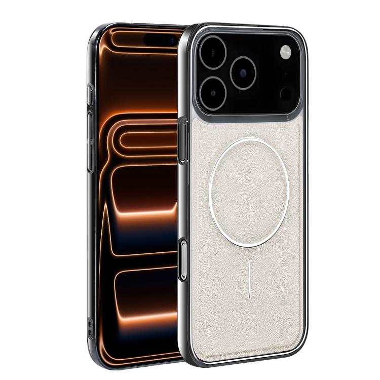 For iPhone 17 Pro Electroplated Frame Vegan Leather Magnetic Shockproof Phone Case(White)