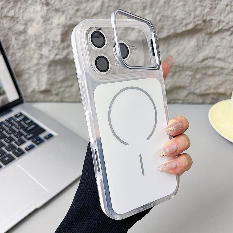 For iPhone 17 Pro Electroplated Lens Holder MagSafe PC Hybrid TPU Phone Case(White)