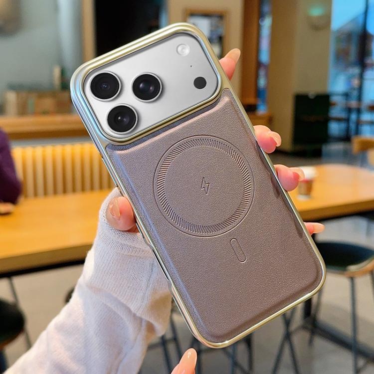For iPhone 17 Pro Electroplated PC Side Vegan Leather-Texture MagSafe Phone Case(Purple)