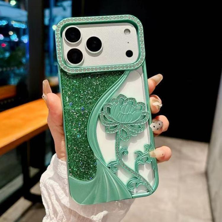 For iPhone 17 Pro Electroplated TPU Lotus Hollow-carved Rhinestone Glitter Phone Case(Green)