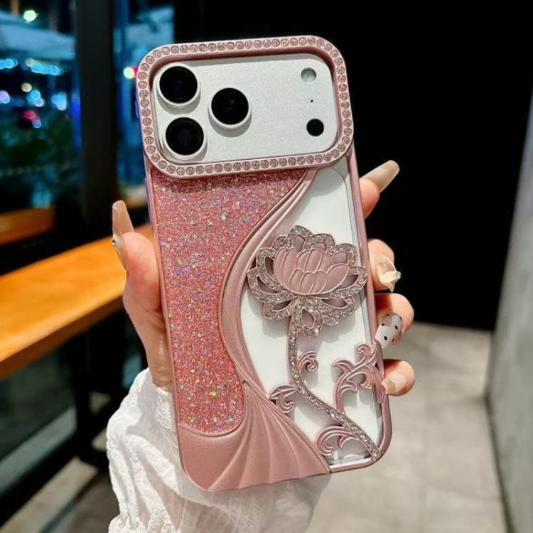 For iPhone 17 Pro Electroplated TPU Lotus Hollow-carved Rhinestone Glitter Phone Case(Pink)
