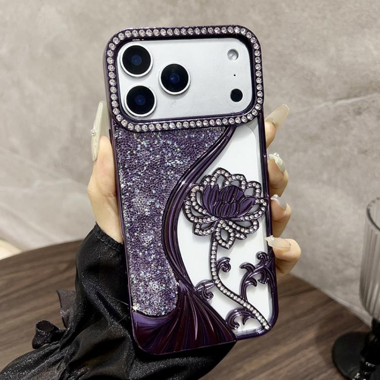 For iPhone 17 Pro Electroplated TPU Lotus Hollow-carved Rhinestone Glitter Phone Case(Purple)