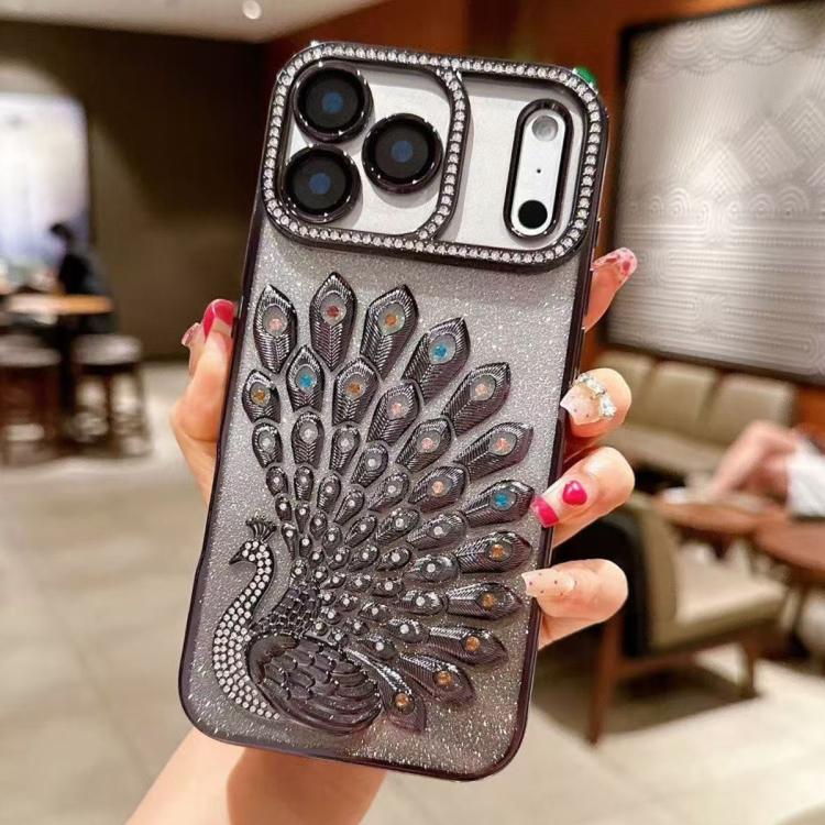 For iPhone 17 Pro Electroplated TPU Peacock Relief Rhinestone Glitter Phone Case with Lens Film(Black)