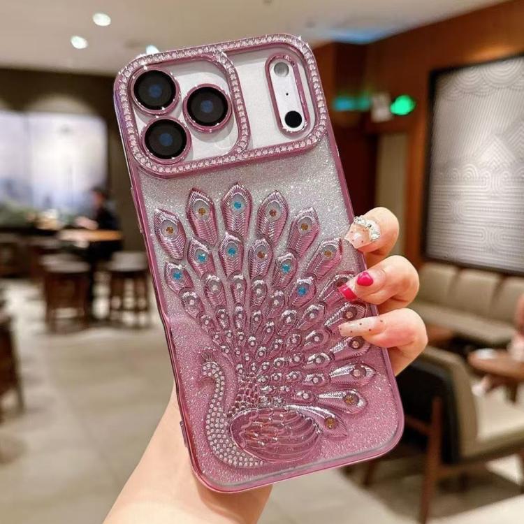 For iPhone 17 Pro Electroplated TPU Peacock Relief Rhinestone Glitter Phone Case with Lens Film(Pink)