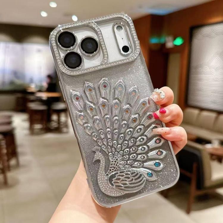 For iPhone 17 Pro Electroplated TPU Peacock Relief Rhinestone Glitter Phone Case with Lens Film(Silver)