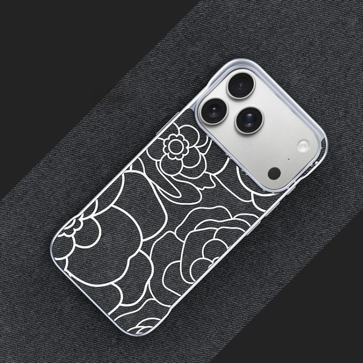 For iPhone 17 Pro Embossed Camellia Flower Linen Fabric Magnetic Half Coverage Phone Case(Black)