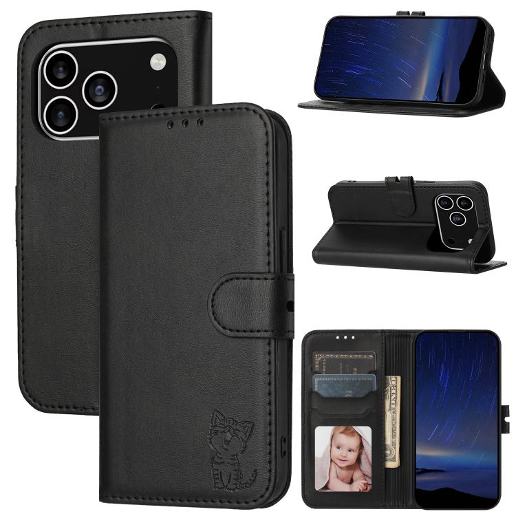 For iPhone 17 Pro Embossed Happy Cat Pattern Flip Leather Phone Case(Black)