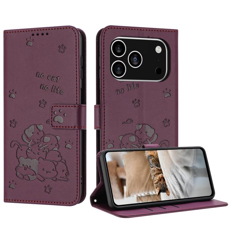 For iPhone 17 Pro Embossed Kitten Phone Leather Case with Lanyard(Wine Red)