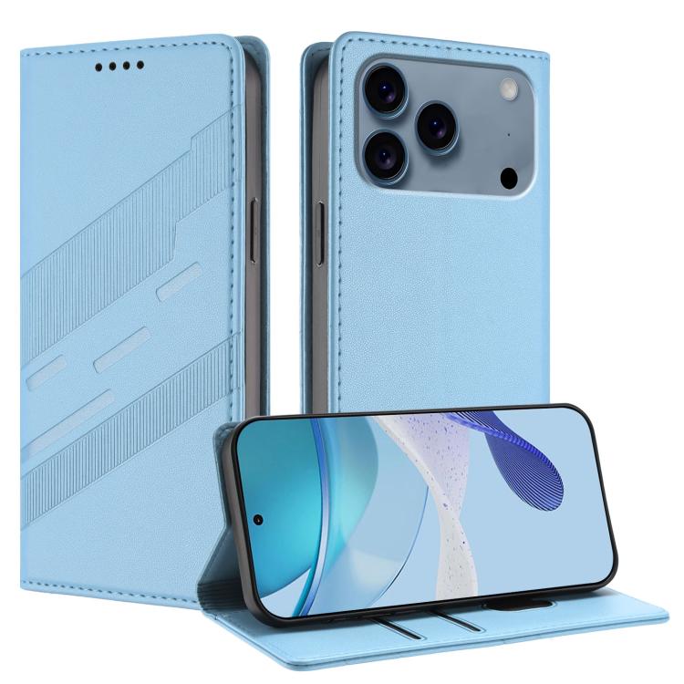 For iPhone 17 Pro Embossed Multi-functional Wallet Retro Leather Phone Case(Light Blue)