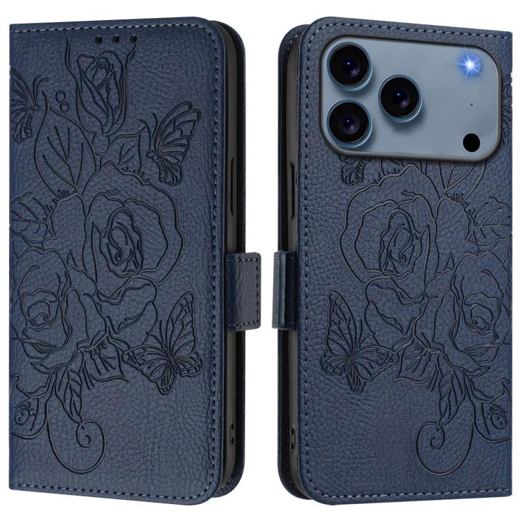 For iPhone 17 Pro Embossed Rose RFID Anti-theft Leather Phone Case(Dark Blue)