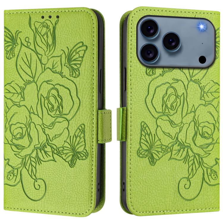 For iPhone 17 Pro Embossed Rose RFID Anti-theft Leather Phone Case(Green)