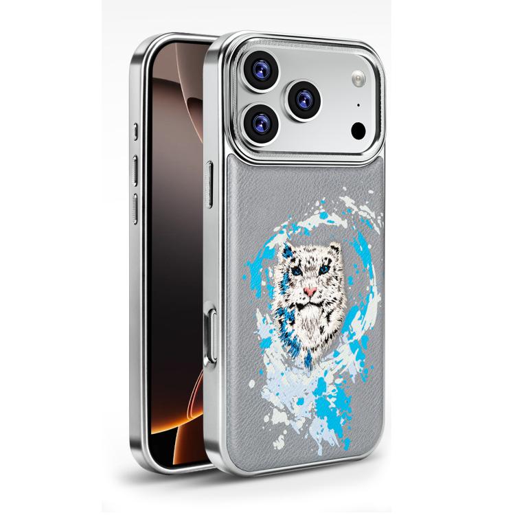 For iPhone 17 Pro Embroidered Graffiti Vegan Leather Shield Electroplated Magnetic Phone Case(Grey)