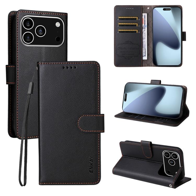 For iPhone 17 Pro ENKAY RFID Blocking Wallet Kickstand Litchi Texture Leather Phone Case(Black)