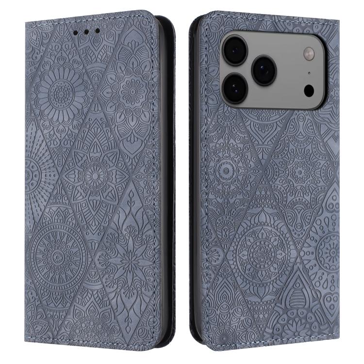 For iPhone 17 Pro Ethnic Embossed Adsorption Leather Phone Case(Grey)