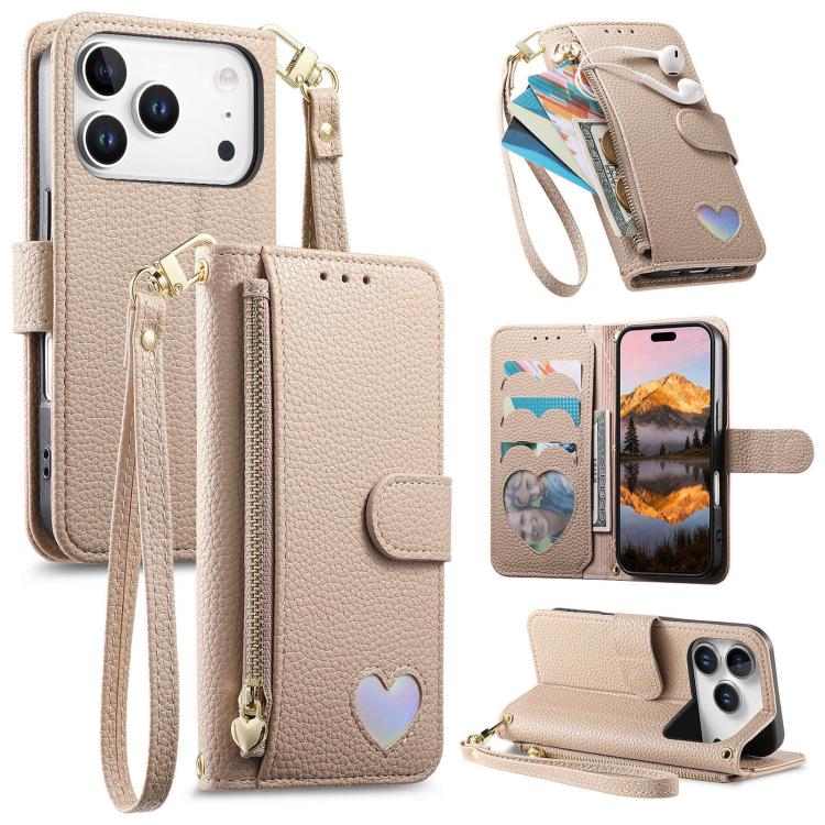 For iPhone 17 Pro Fantasy Love Heart Zipper Wallet Vegan Leather Phone Case with Strap(Beige)