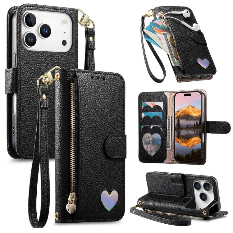 For iPhone 17 Pro Fantasy Love Heart Zipper Wallet Vegan Leather Phone Case with Strap(Black)