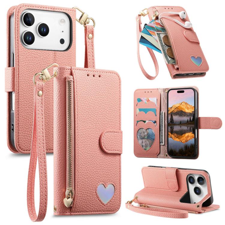 For iPhone 17 Pro Fantasy Love Heart Zipper Wallet Vegan Leather Phone Case with Strap(Pink)