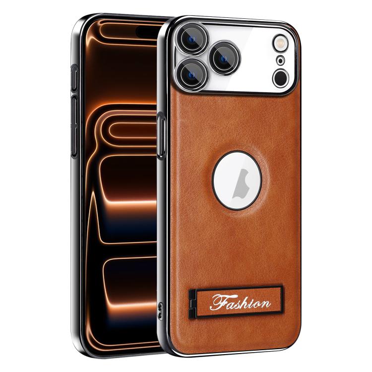 For iPhone 17 Pro Fashion Electroplated Fold Holder Shockproof Phone Case(Brown)