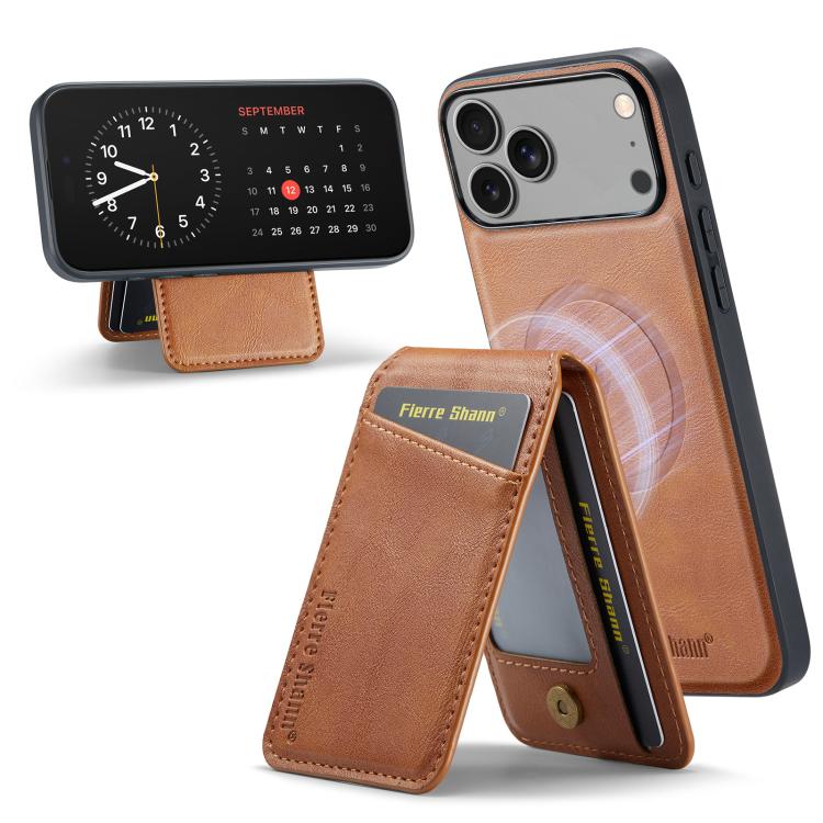 For iPhone 17 Pro Fierre Shann Cowhide Vertical Flip Magnetic Card Holder Phone Case(Brown)