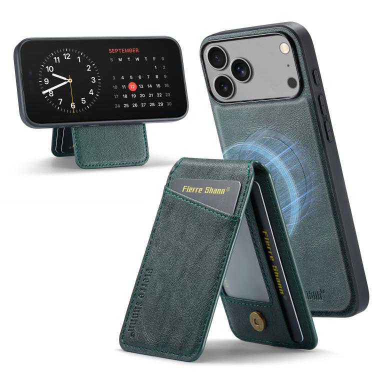 For iPhone 17 Pro Fierre Shann Cowhide Vertical Flip Magnetic Card Holder Phone Case(Green)