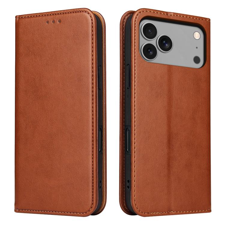 For iPhone 17 Pro Fierre Shann PU Genuine Leather Texture Phone Case(Brown)