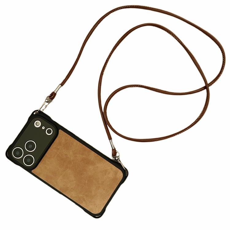 For iPhone 17 Pro Fine Hole Faux Leather Shockproof Phone Case with Crossbody PU Strap(Brown)