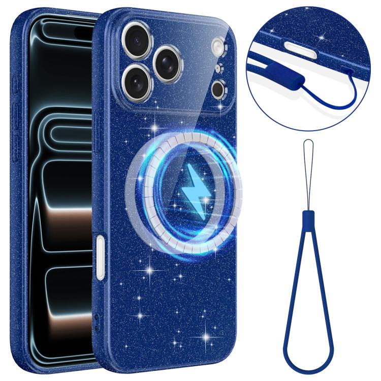 For iPhone 17 Pro Fine Hole Glossy Glitter Magnetic TPU Phone Case with Same Color Hand Strap(Blue)