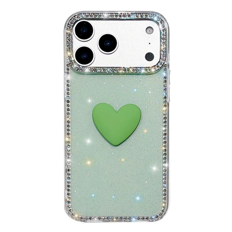 For iPhone 17 Pro Flash Rhinestone Double-sided IMD Love Heart Phone Case(Glitter Green)
