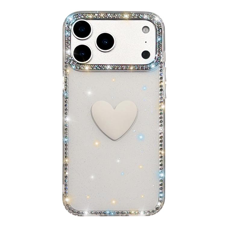 For iPhone 17 Pro Flash Rhinestone Double-sided IMD Love Heart Phone Case(Glitter White)