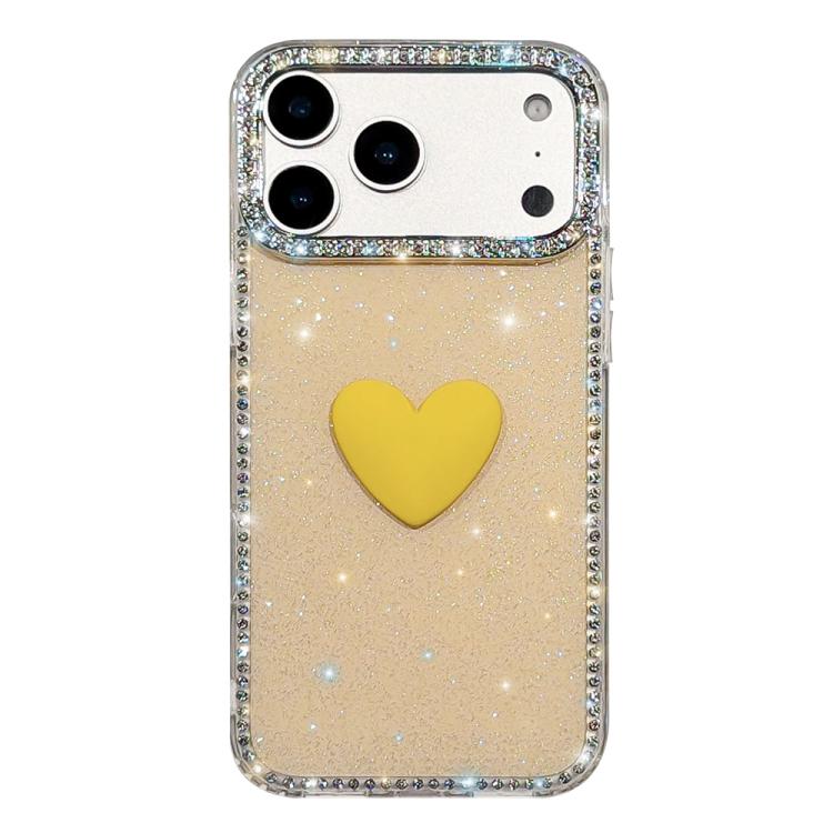 For iPhone 17 Pro Flash Rhinestone Double-sided IMD Love Heart Phone Case(Glitter Yellow)