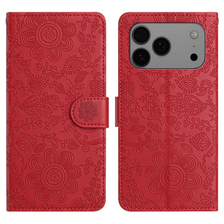 For iPhone 17 Pro Floral Embossed Pattern Leather Phone Case(Red)